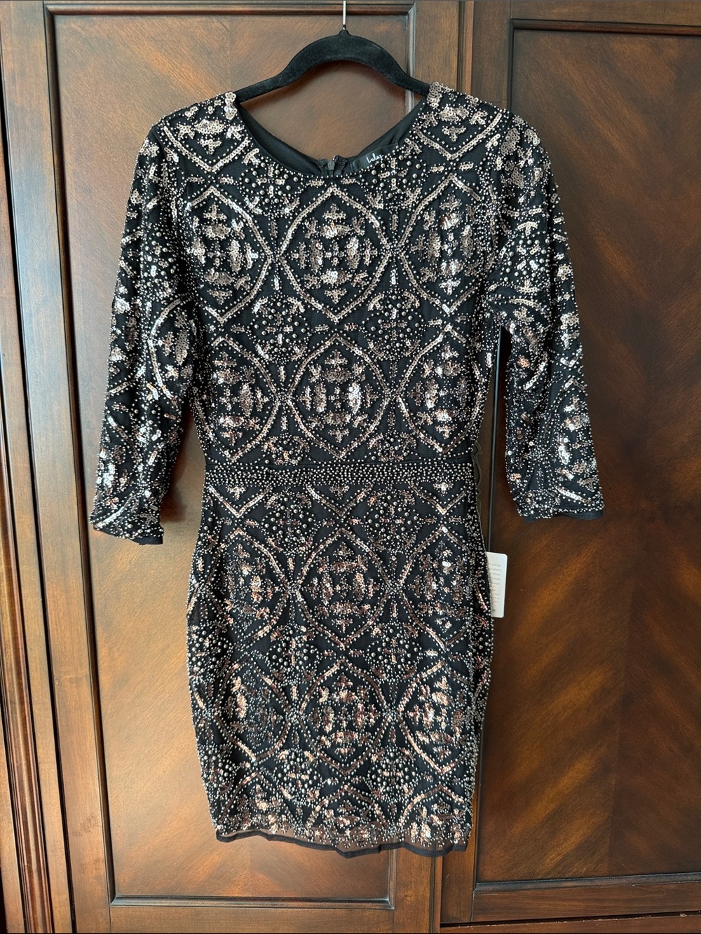 Lulu's Black Mini Dress with Rose Gold Sequin Pattern